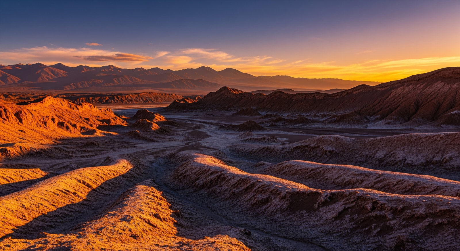 Dramatic landscape of Valle de la Luna in the Atacama Desert at sunset with salt formations and distant mountains