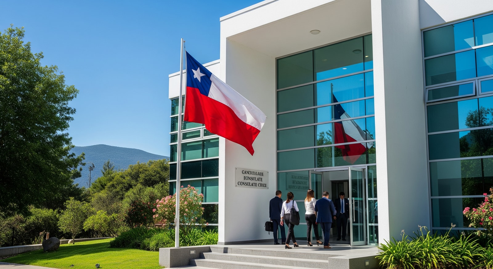 Modern Chilean consulate building exterior with national flag and visitors entering for appointments