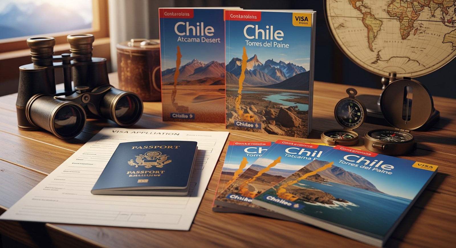Organized travel documents including passport, visa forms, and Chile travel guides on a wooden desk