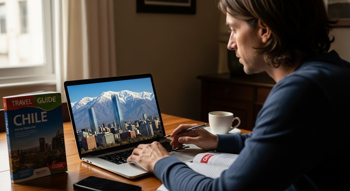Traveler planning Chile trip with laptop showing Santiago skyline and Andes mountains in background