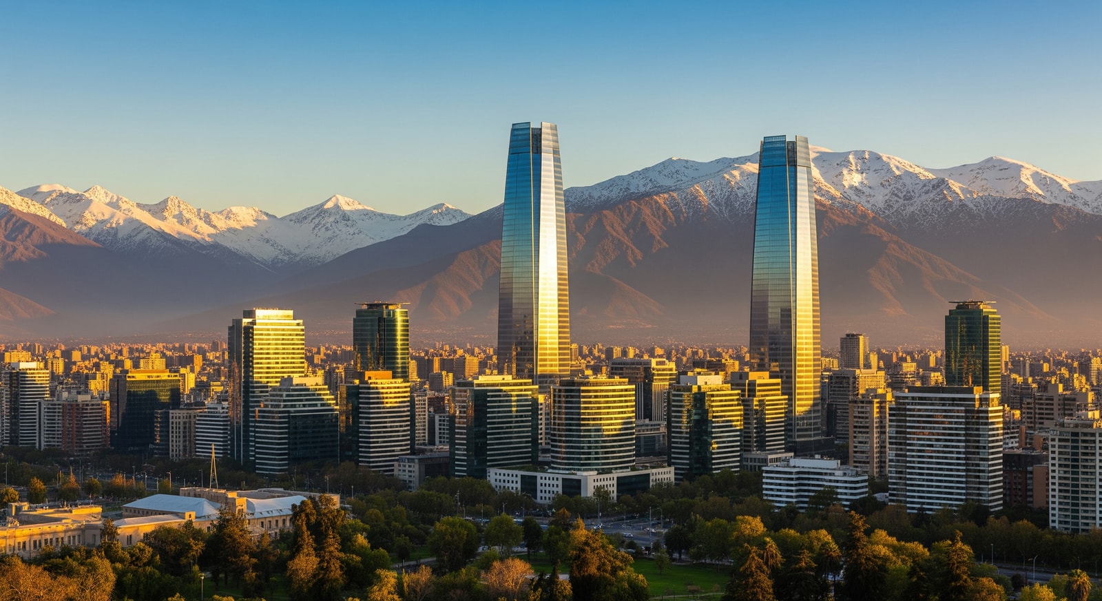 Panoramic view of Santiago de Chile with modern skyscrapers and the Andes mountains covered in snow