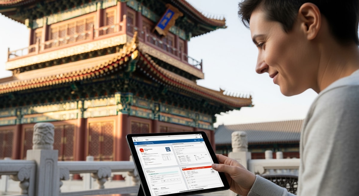 Traveler reviewing China visa documents on tablet with traditional Chinese architecture in background