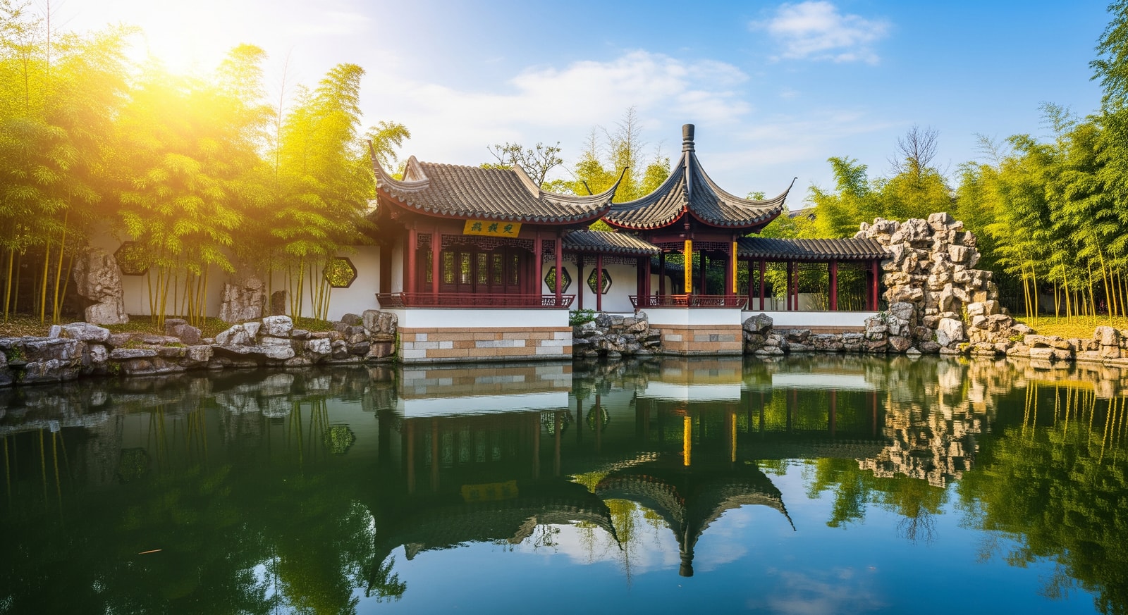 Traditional Chinese garden in Suzhou with elegant pavilions reflecting in calm water surrounded by bamboo and rock formations