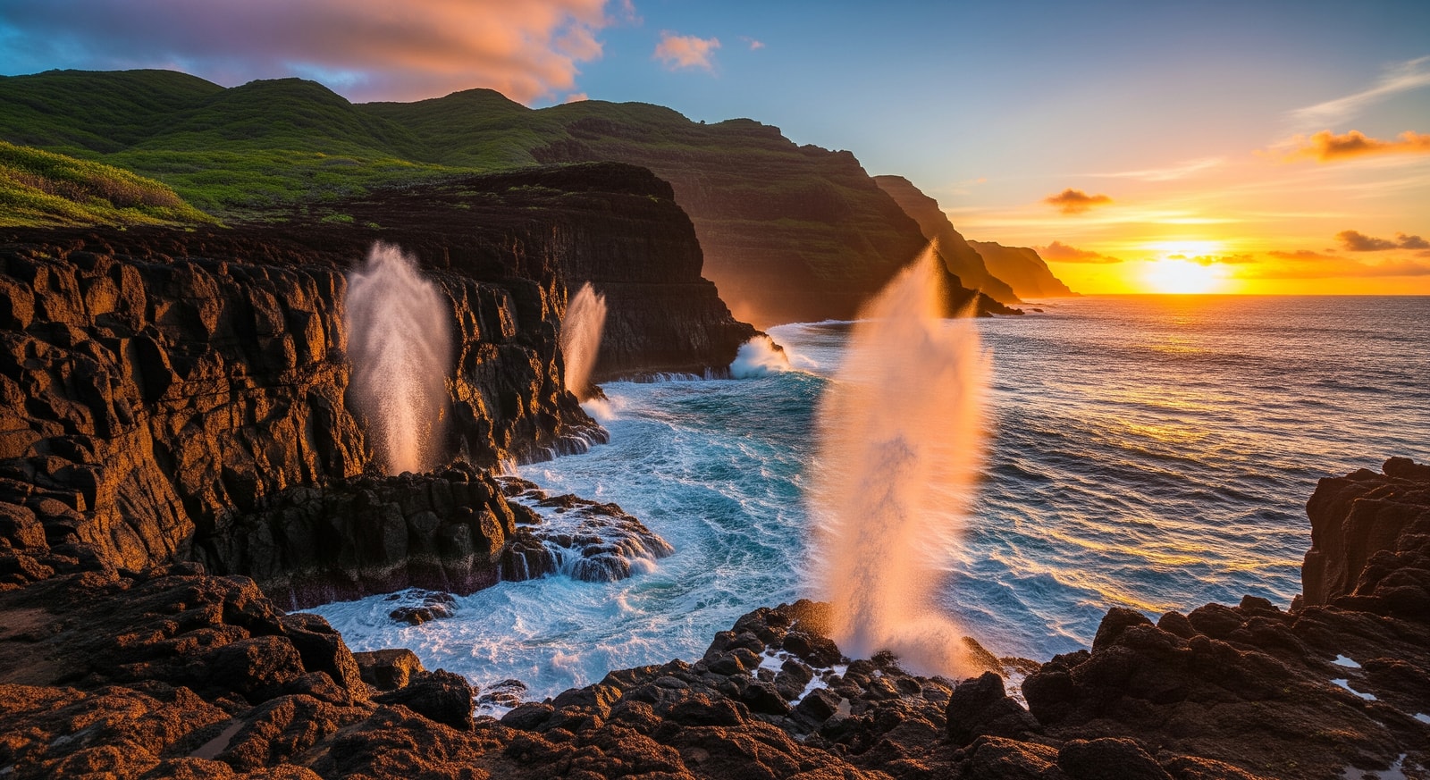 Dramatic coastal cliffs and blowholes along Christmas Island's rugged shoreline at sunset