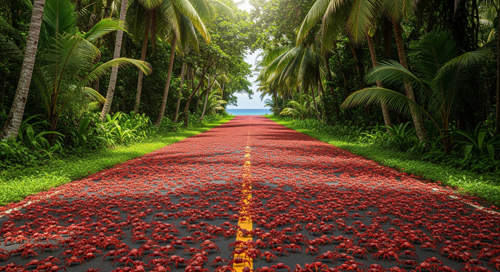 Millions of red crabs crossing a road during the famous Christmas Island red crab migration