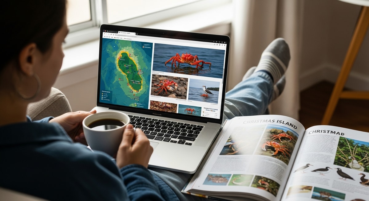 Traveler researching Christmas Island trip on laptop with wildlife guidebook