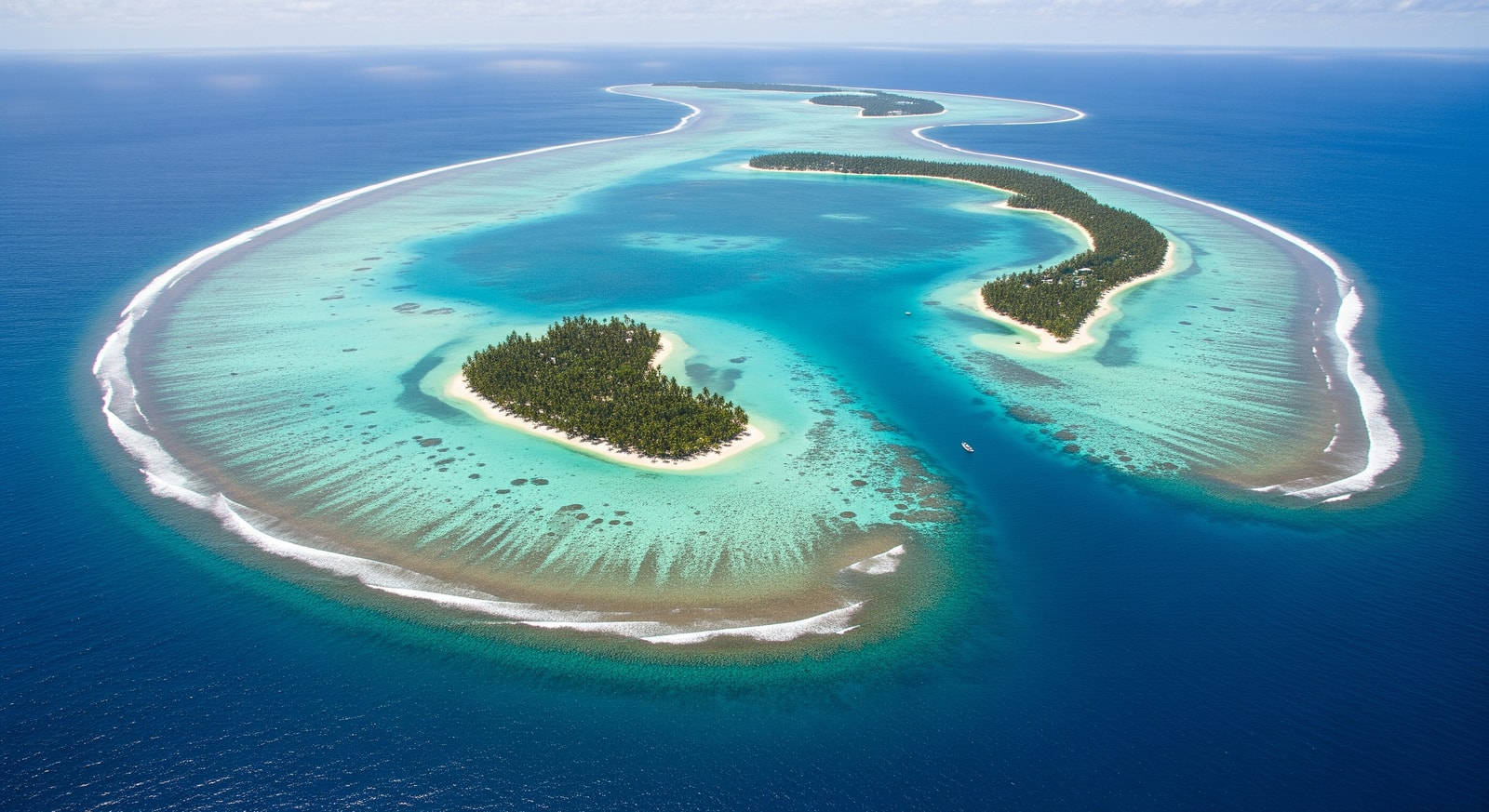 Aerial view of the horseshoe-shaped coral atoll of Cocos Keeling Islands from above