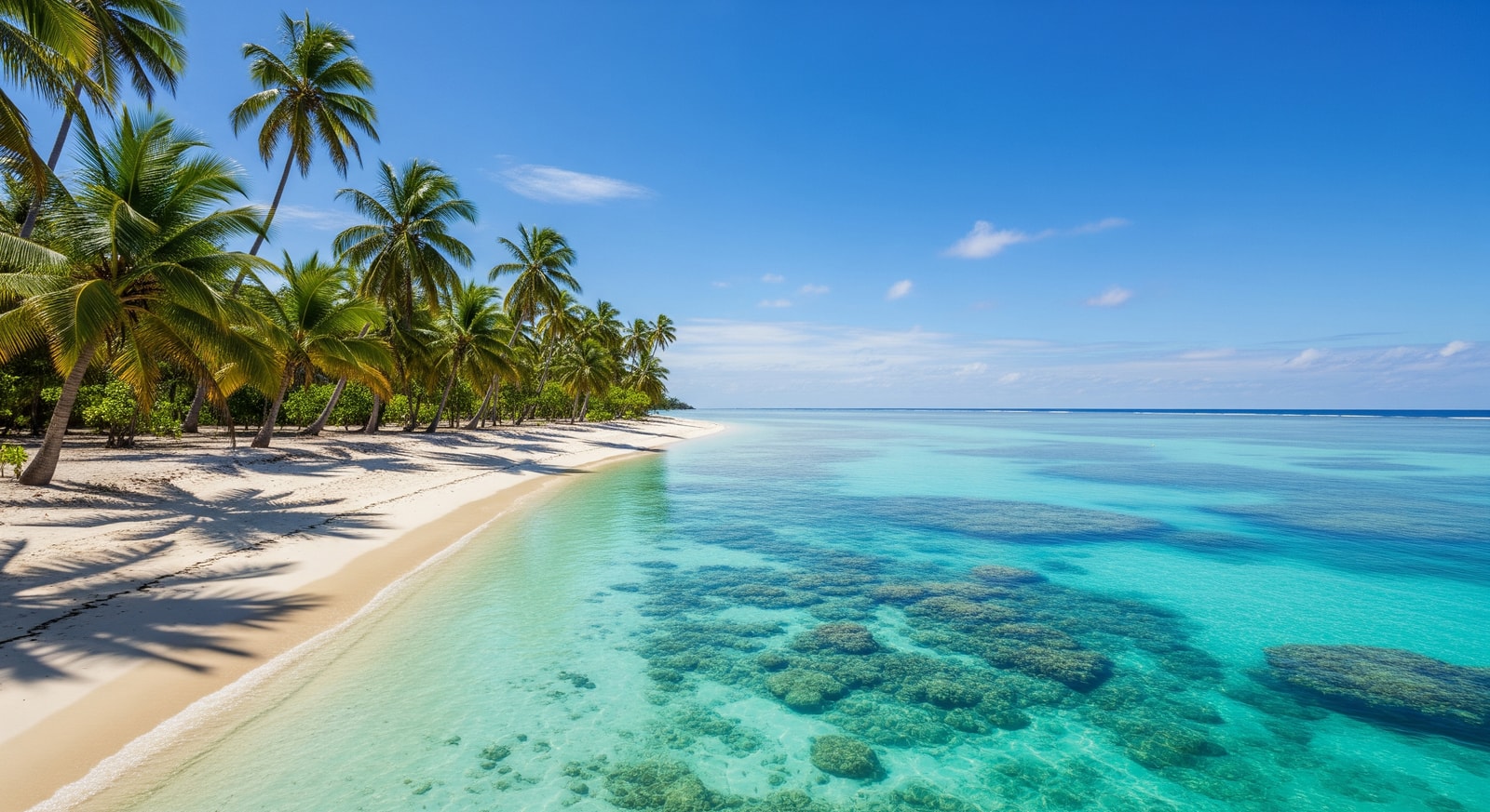 Crystal clear turquoise lagoon waters of the Cocos Keeling Islands with white sand beach