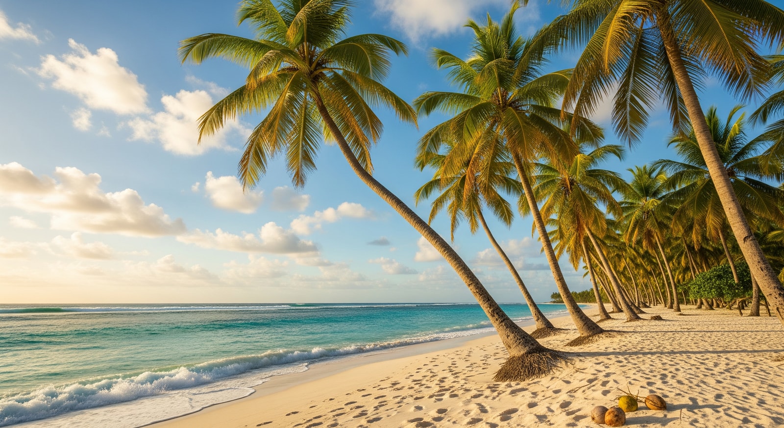 Swaying coconut palm trees along white sand beach on West Island Cocos Keeling Islands
