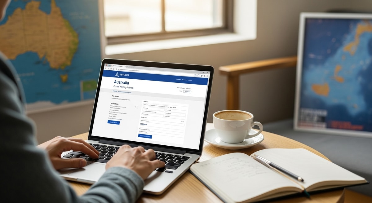 Traveler using laptop to apply for Australian visa for Cocos Keeling Islands trip