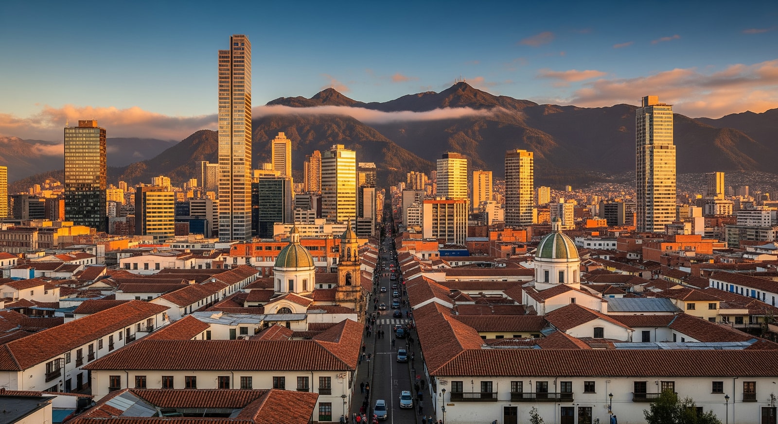 Modern skyline of Bogota with the Andes Mountains in the background and historic La Candelaria district below