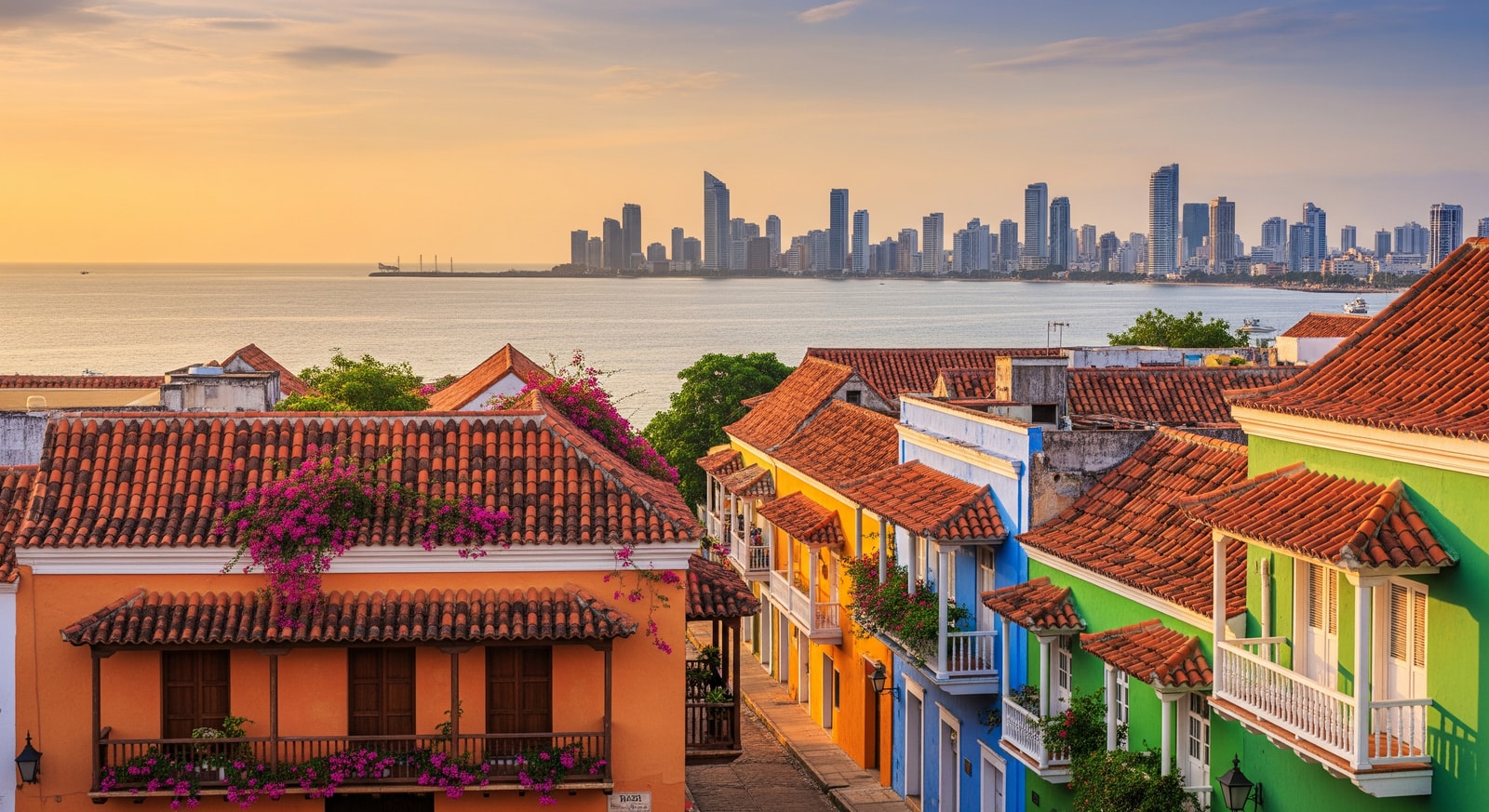 Panoramic view of Cartagena's colorful colonial architecture with the Caribbean Sea and modern skyline in the distance