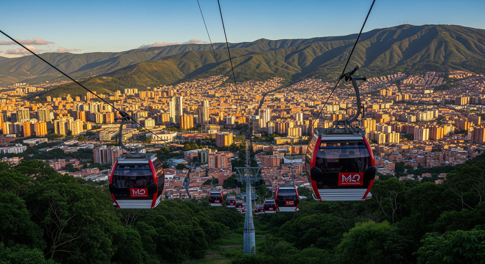 Panoramic view of Medellin city surrounded by green mountains with modern metro cable cars in the foreground