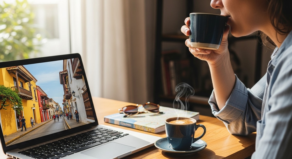 Traveler planning Colombia trip with laptop showing Cartagena while enjoying Colombian coffee