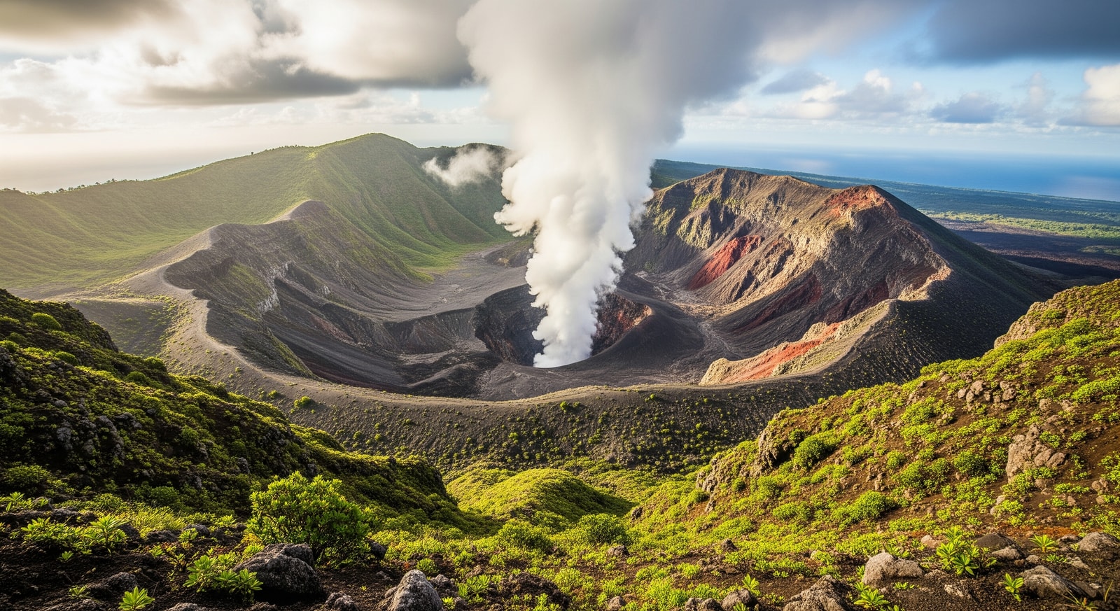 Mount Karthala active volcano crater with steam rising on Grande Comore island
