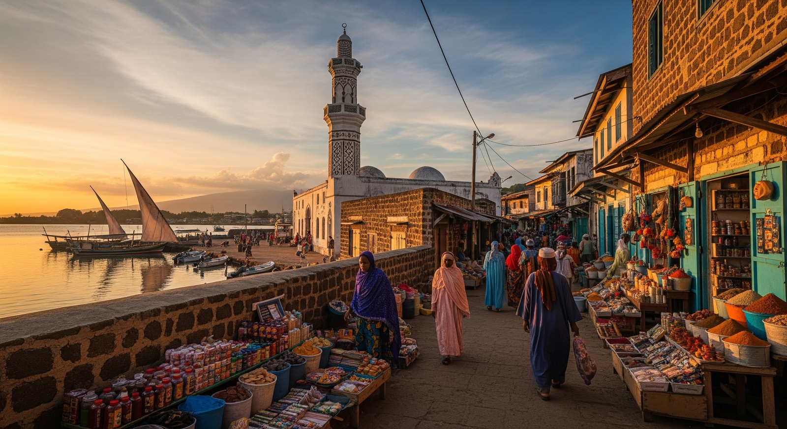 Historic Friday Mosque and medina streets in Moroni old town at golden hour
