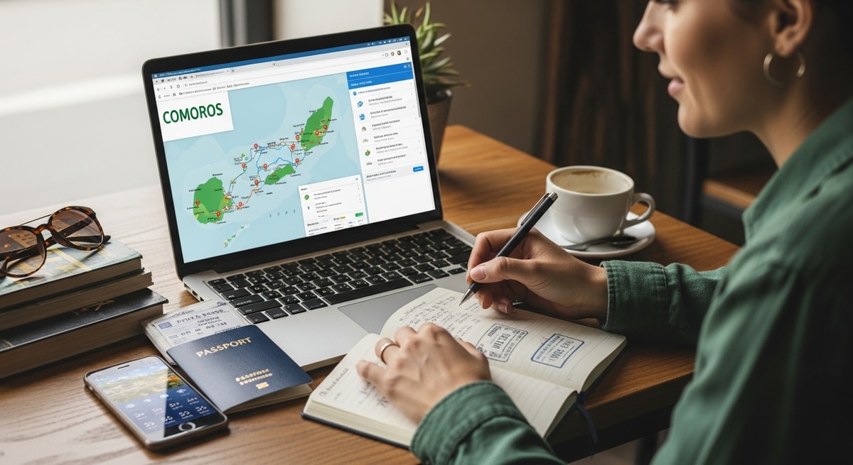 Traveler using laptop to plan trip to Comoros islands with passport ready