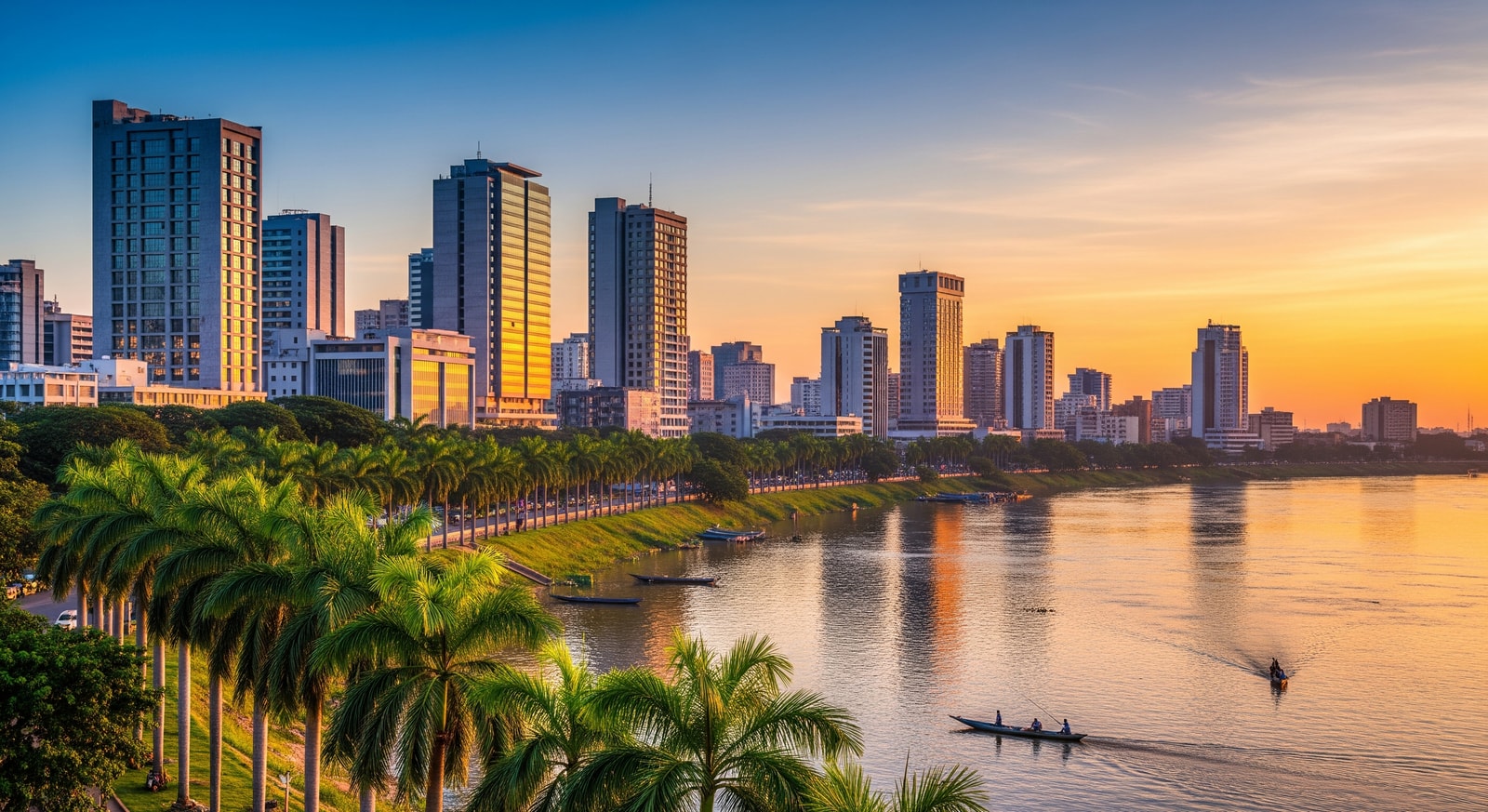 Panoramic view of Brazzaville skyline along the Congo River with modern buildings and palm trees