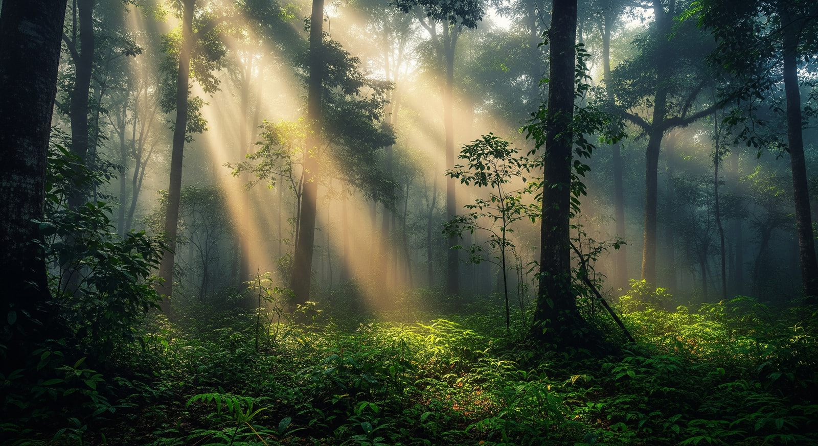 Misty morning in Congo rainforest with towering trees and filtered sunlight through the canopy