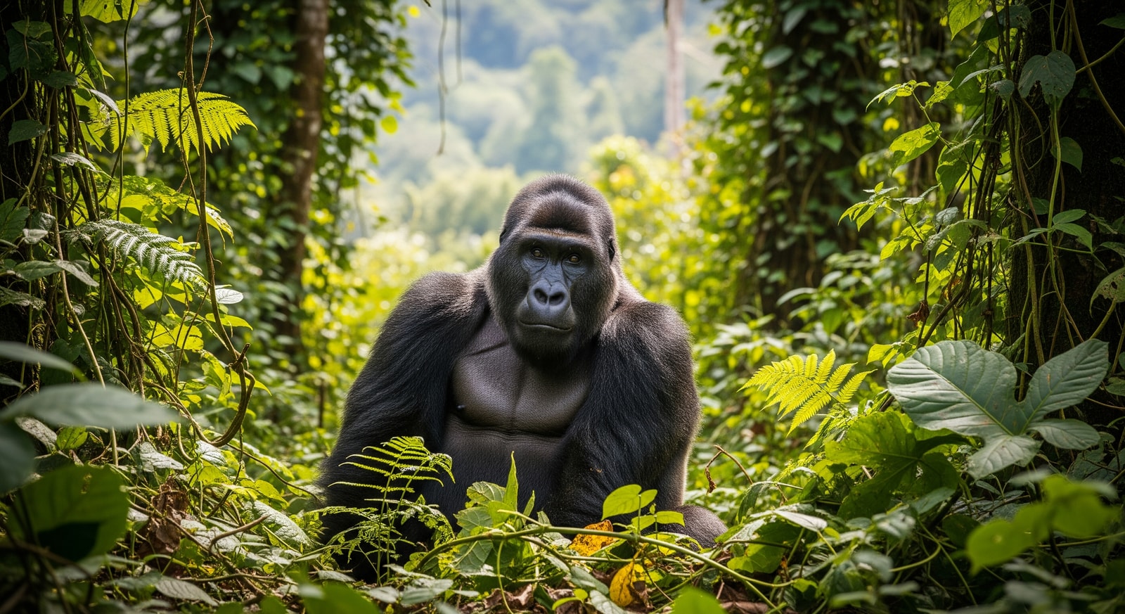 Western lowland gorilla in natural habitat at Odzala-Kokoua National Park surrounded by green vegetation