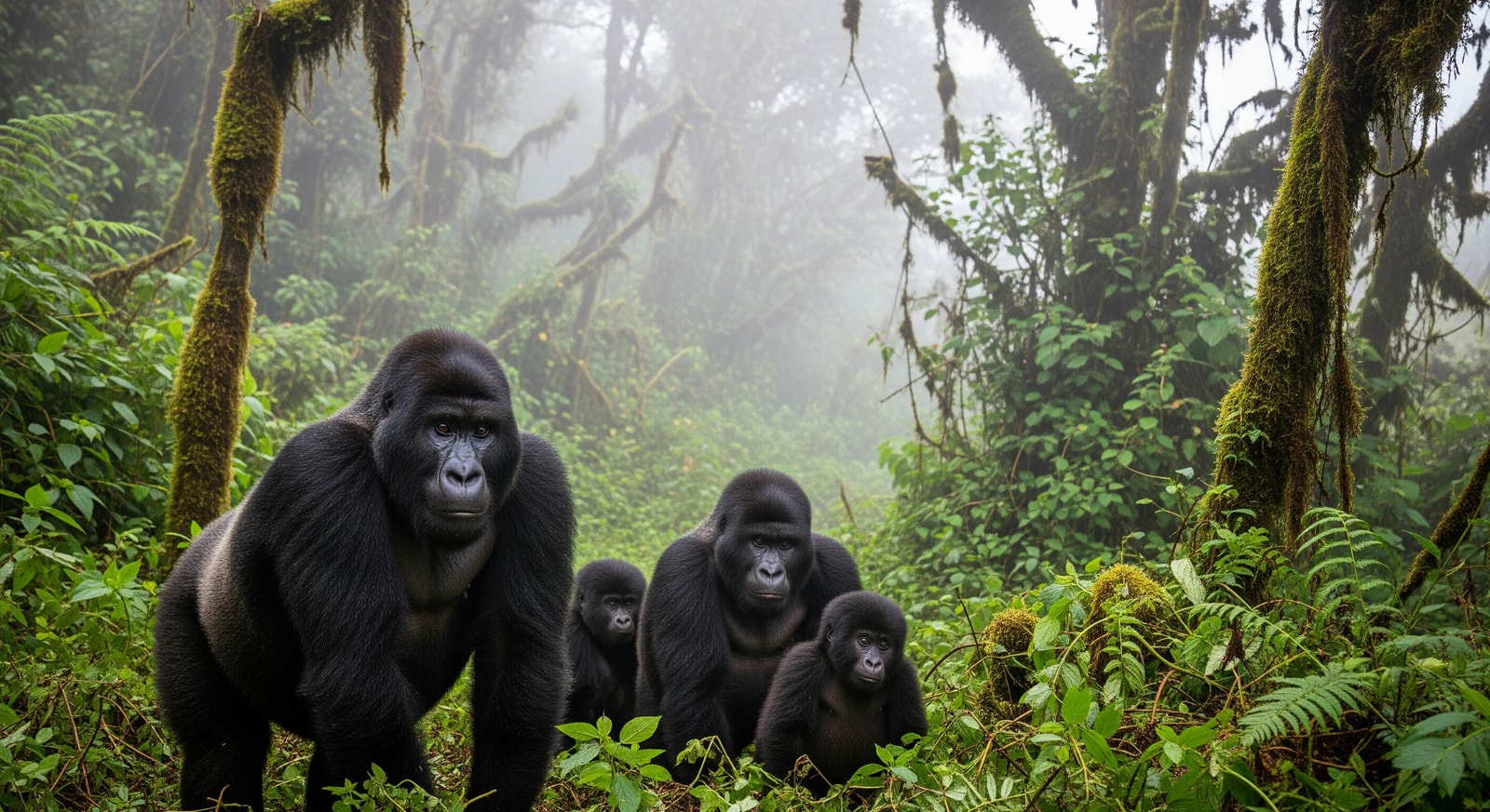 Mountain gorilla family in the misty forests of Virunga National Park in eastern DRC