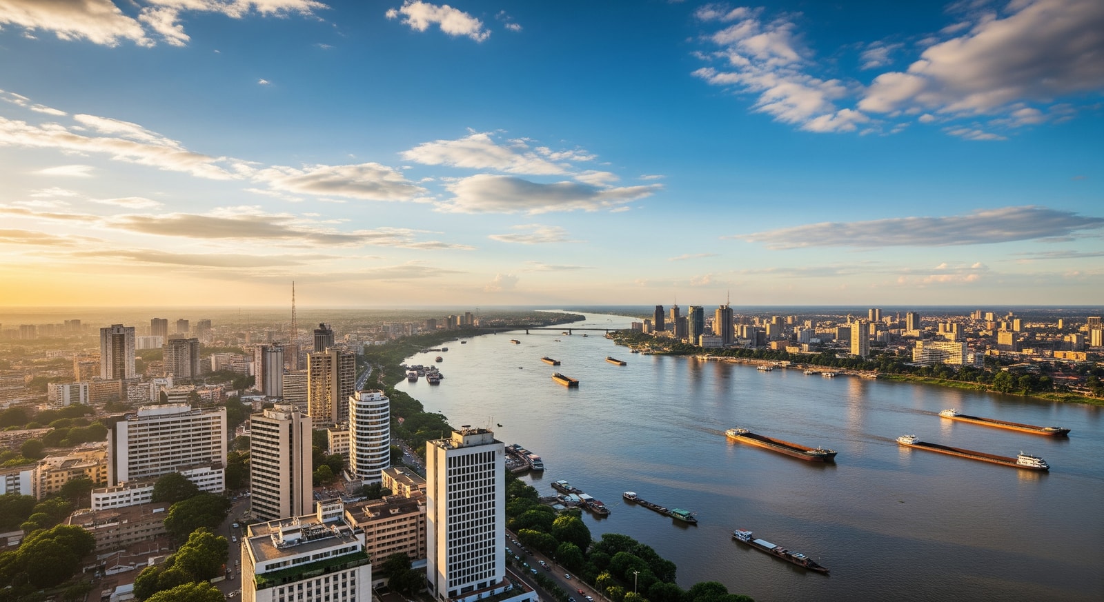 Panoramic view of Kinshasa cityscape with the Congo River and Brazzaville visible across the water