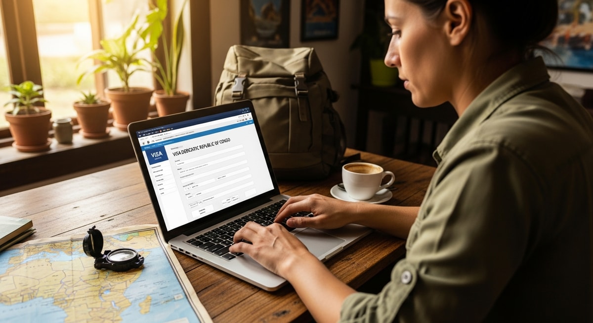 Traveler using laptop to apply for Congo DRC visa while planning rainforest expedition