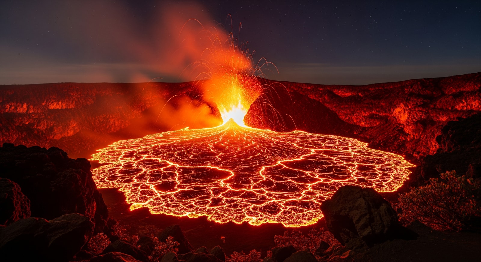Glowing lava lake of Mount Nyiragongo volcano at night in Virunga National Park