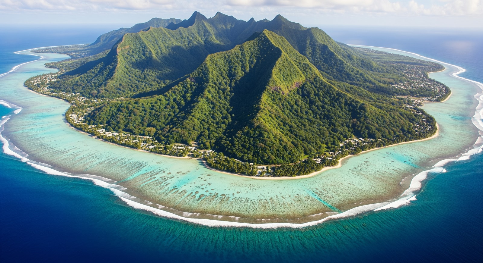Aerial view of Rarotonga island showing lush green mountains and surrounding coral reef