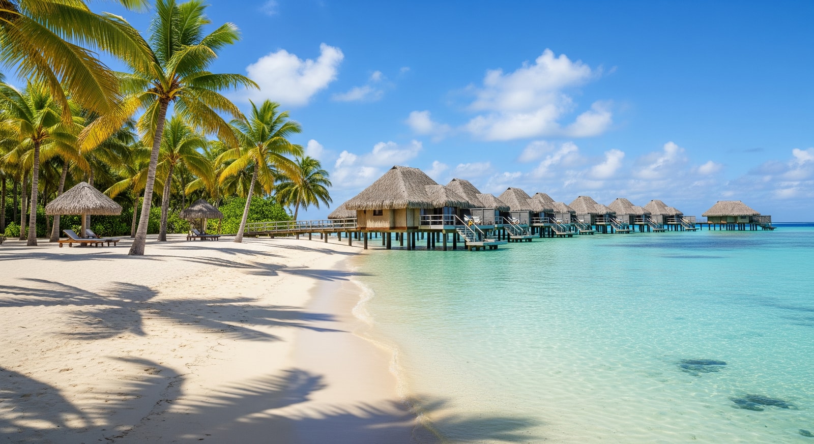 Pristine white sand beach with overwater bungalows and swaying coconut palms in Rarotonga