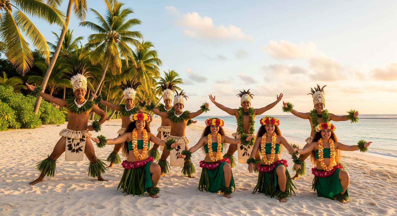 Traditional Cook Islands dancers performing with flower crowns and colorful costumes