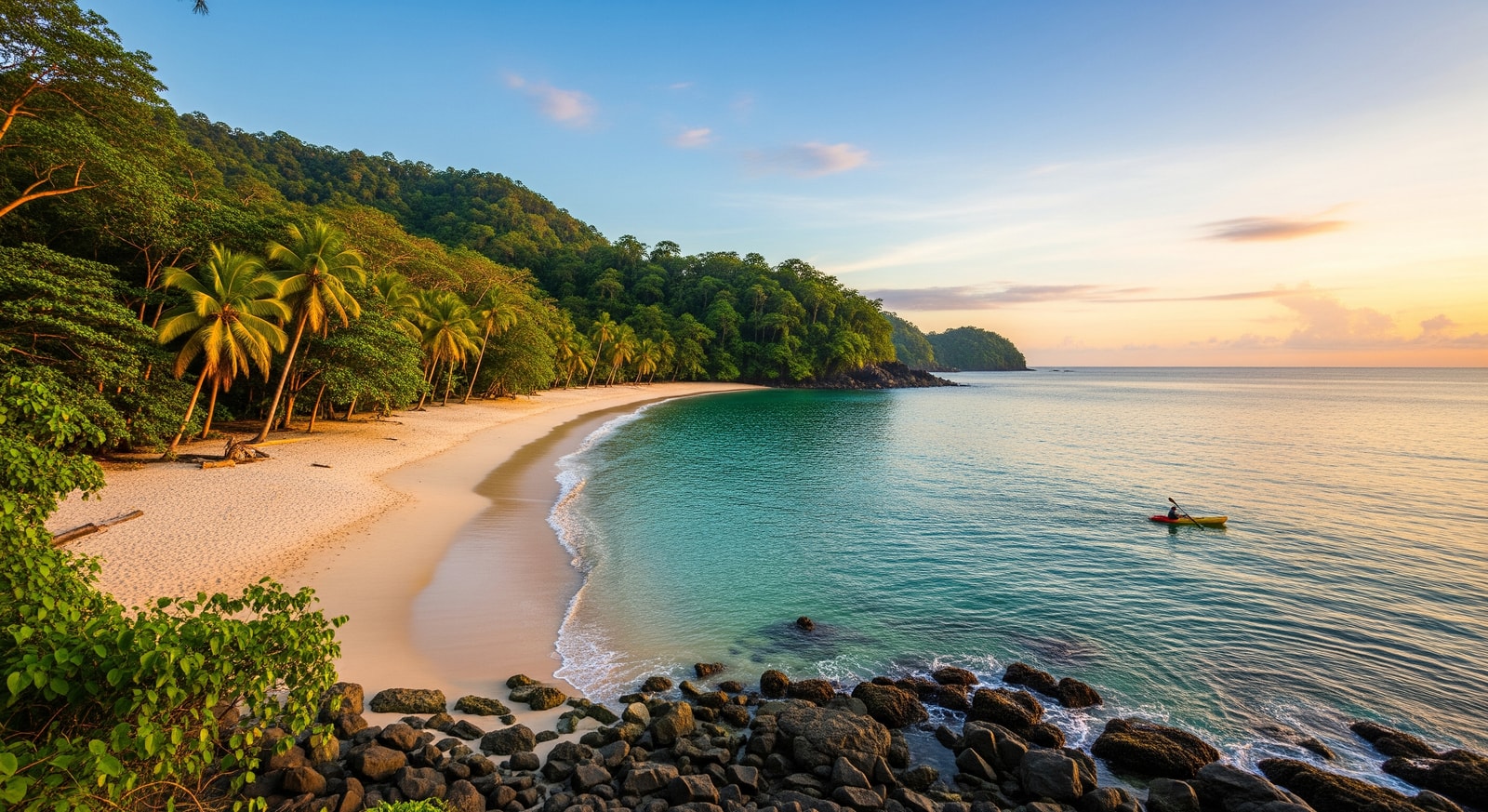 Beautiful Manuel Antonio beach with white sand and turquoise Pacific Ocean waters