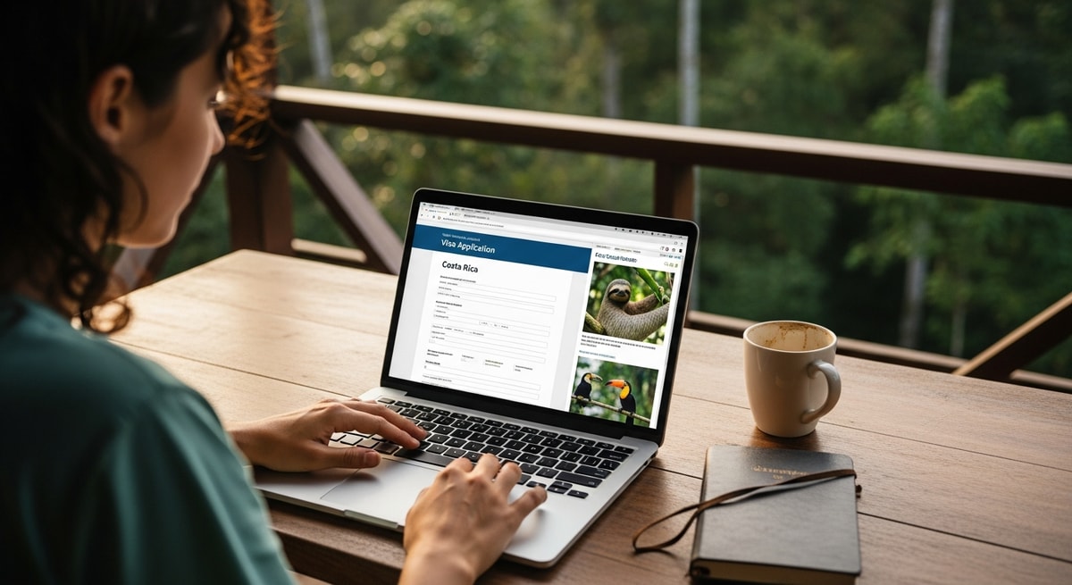 Traveler using laptop to apply for Costa Rica visa while researching eco-tourism destinations