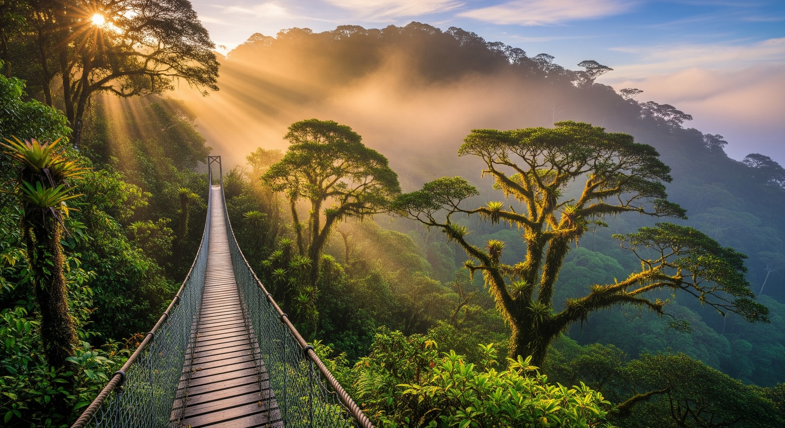 Tropical rainforest canopy with suspension bridge in Monteverde Cloud Forest
