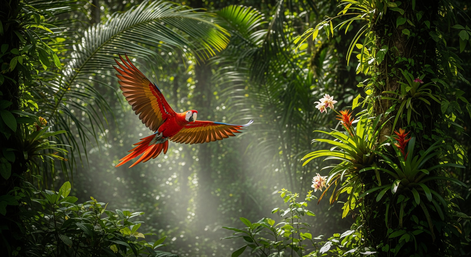 Scarlet macaw flying through tropical rainforest canopy in Costa Rica