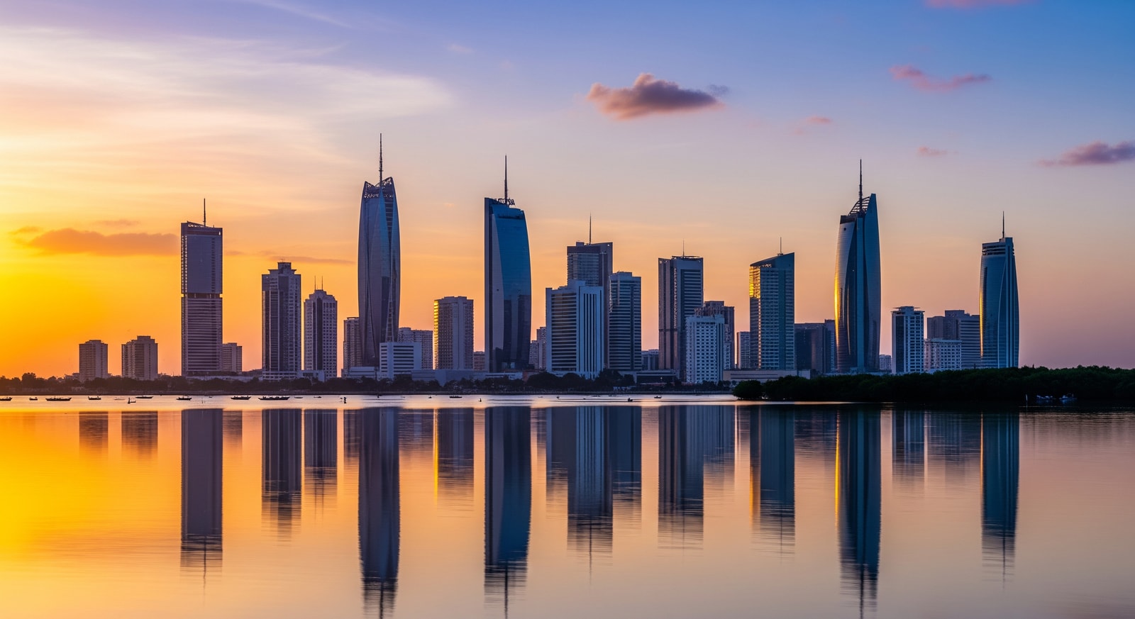 Modern skyline of Abidjan's Plateau district with skyscrapers reflecting in the Ebrie Lagoon at sunset