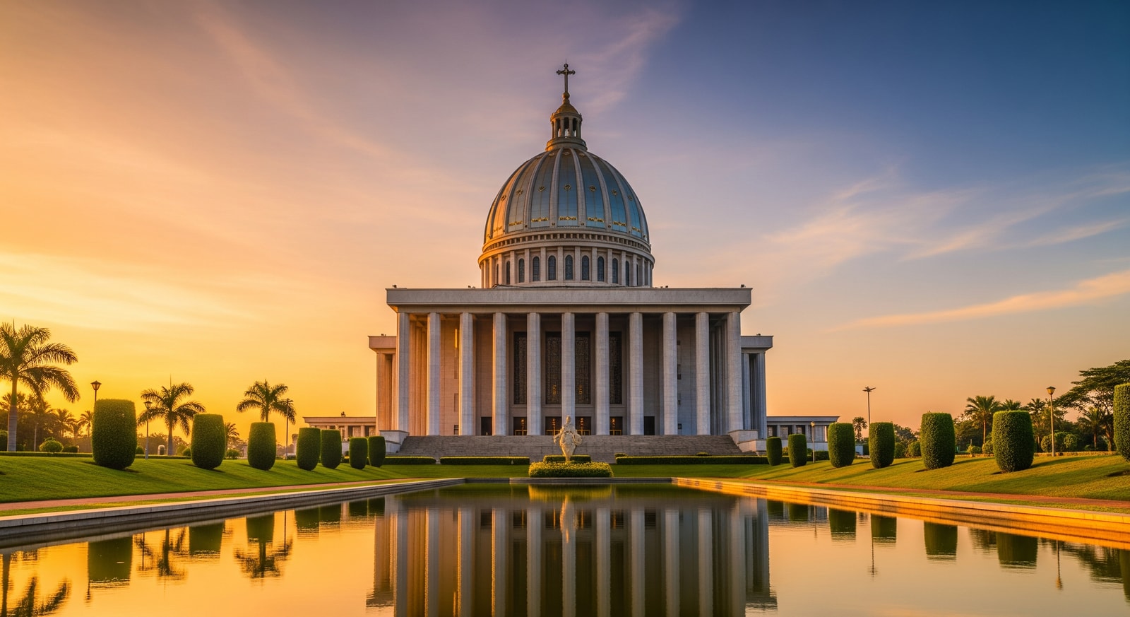 Basilica of Our Lady of Peace in Yamoussoukro with its impressive dome and marble columns at golden hour