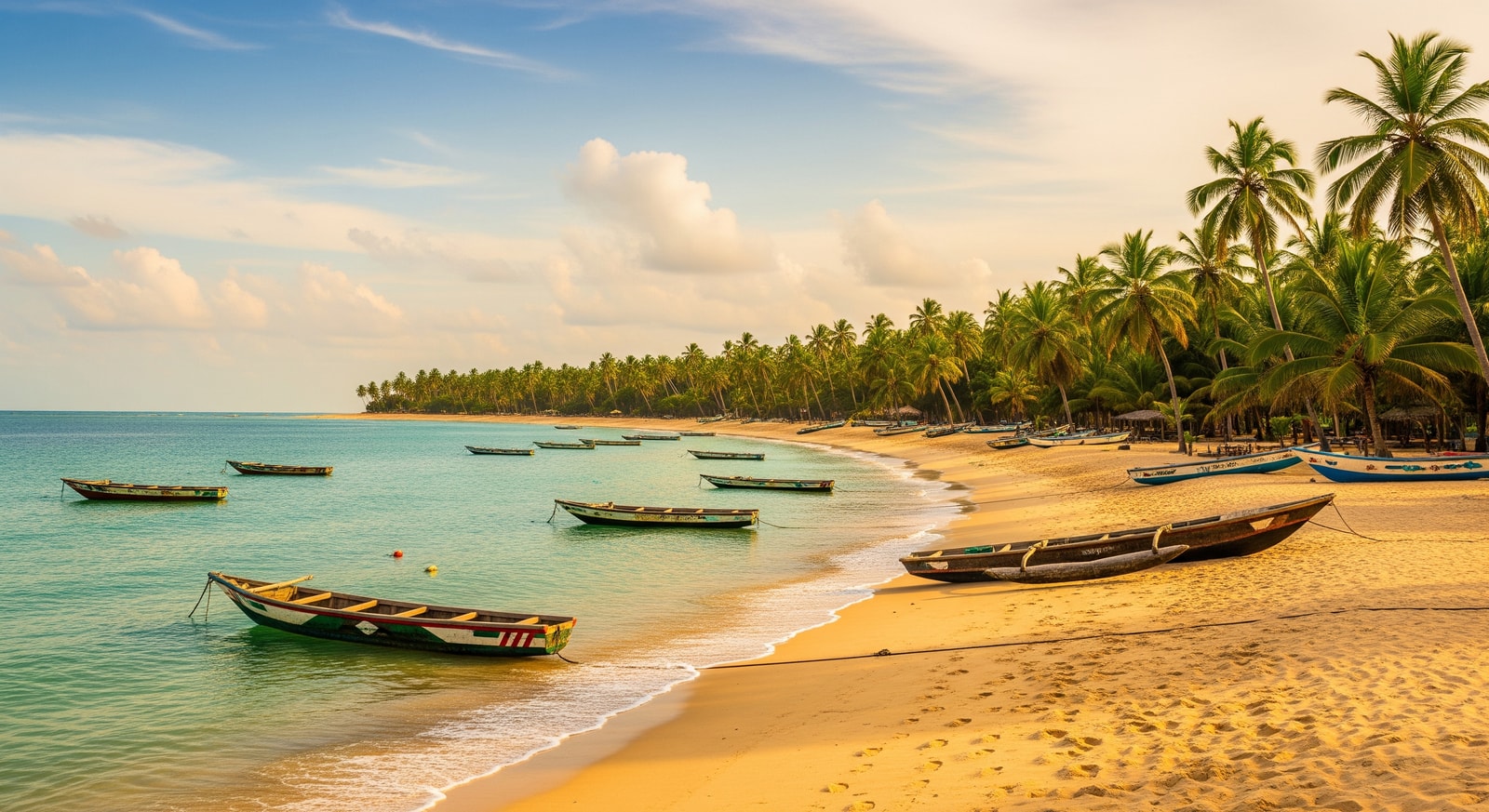 Palm-fringed sandy beach at Grand-Bassam with traditional fishing boats and turquoise Atlantic waters