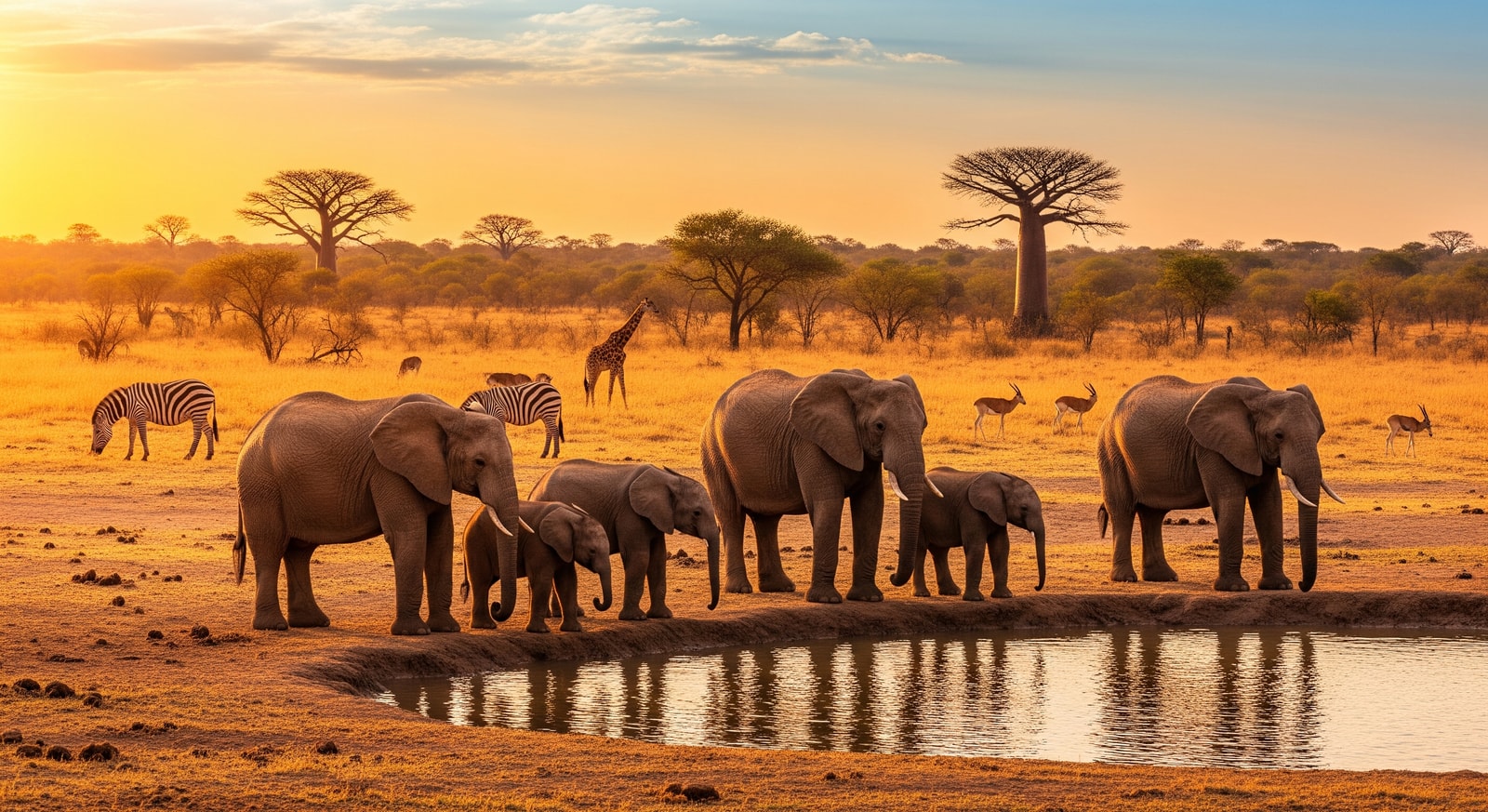Elephants and wildlife in the savanna landscape of Comoe National Park during golden hour