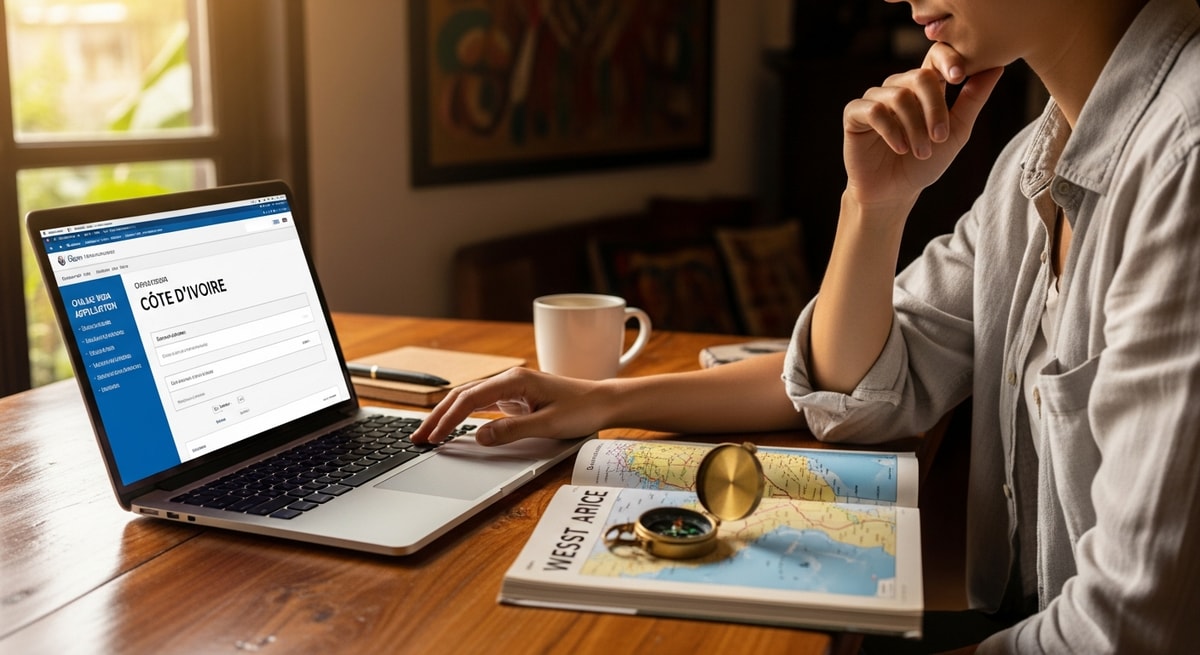 Traveler using laptop to apply for Cote d'Ivoire visa while planning trip to West Africa