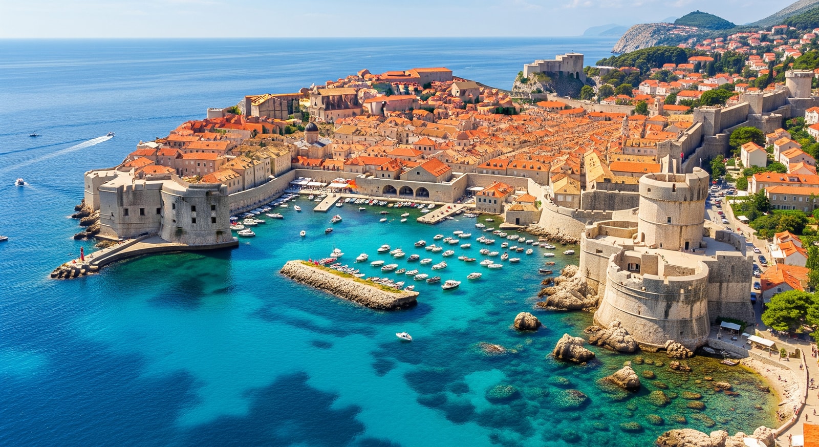 Aerial view of Dubrovnik Old Town walls and fortress surrounded by crystal blue Adriatic waters