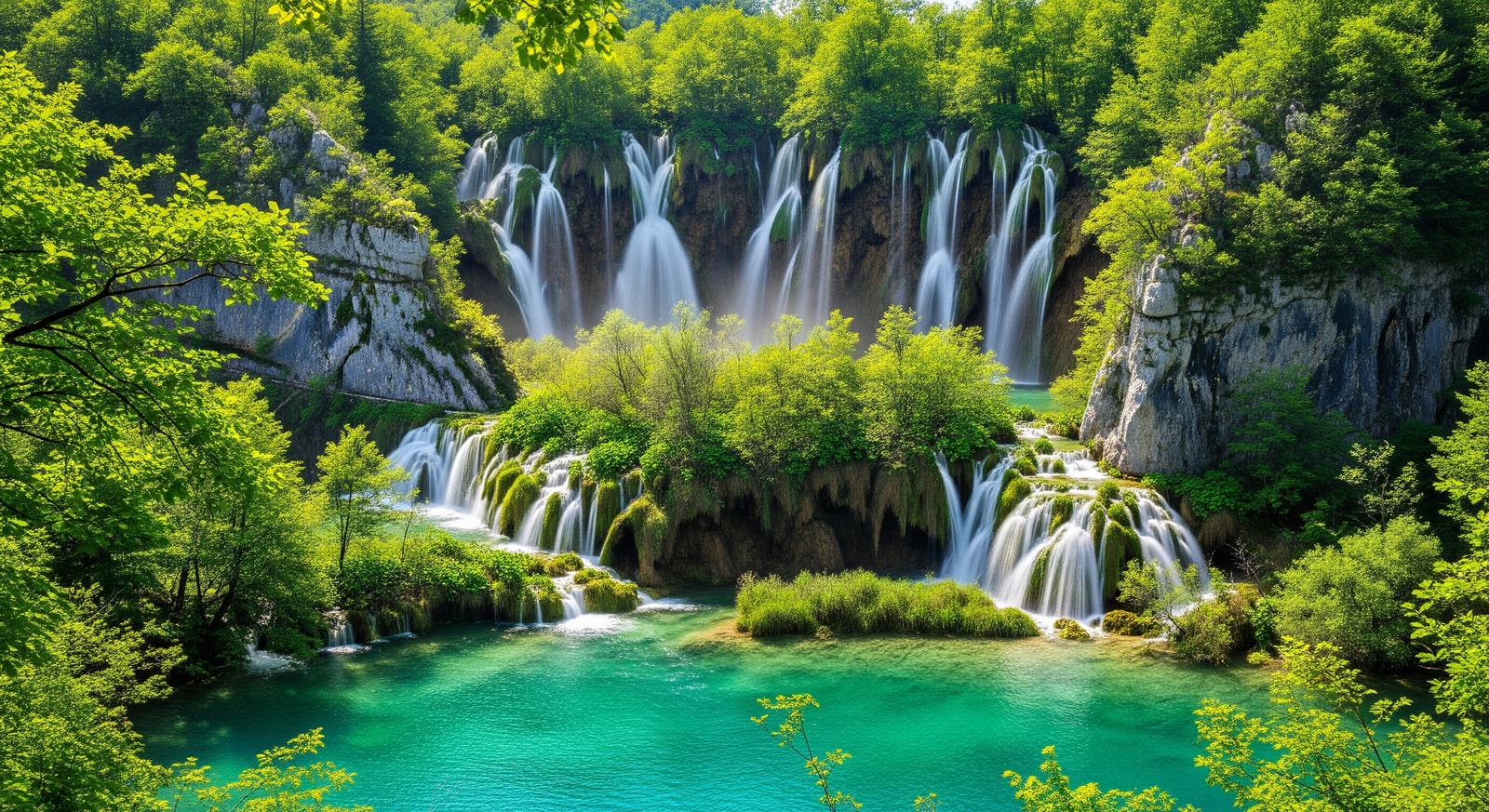 Cascading turquoise waterfalls flowing through lush green forest at Plitvice Lakes National Park