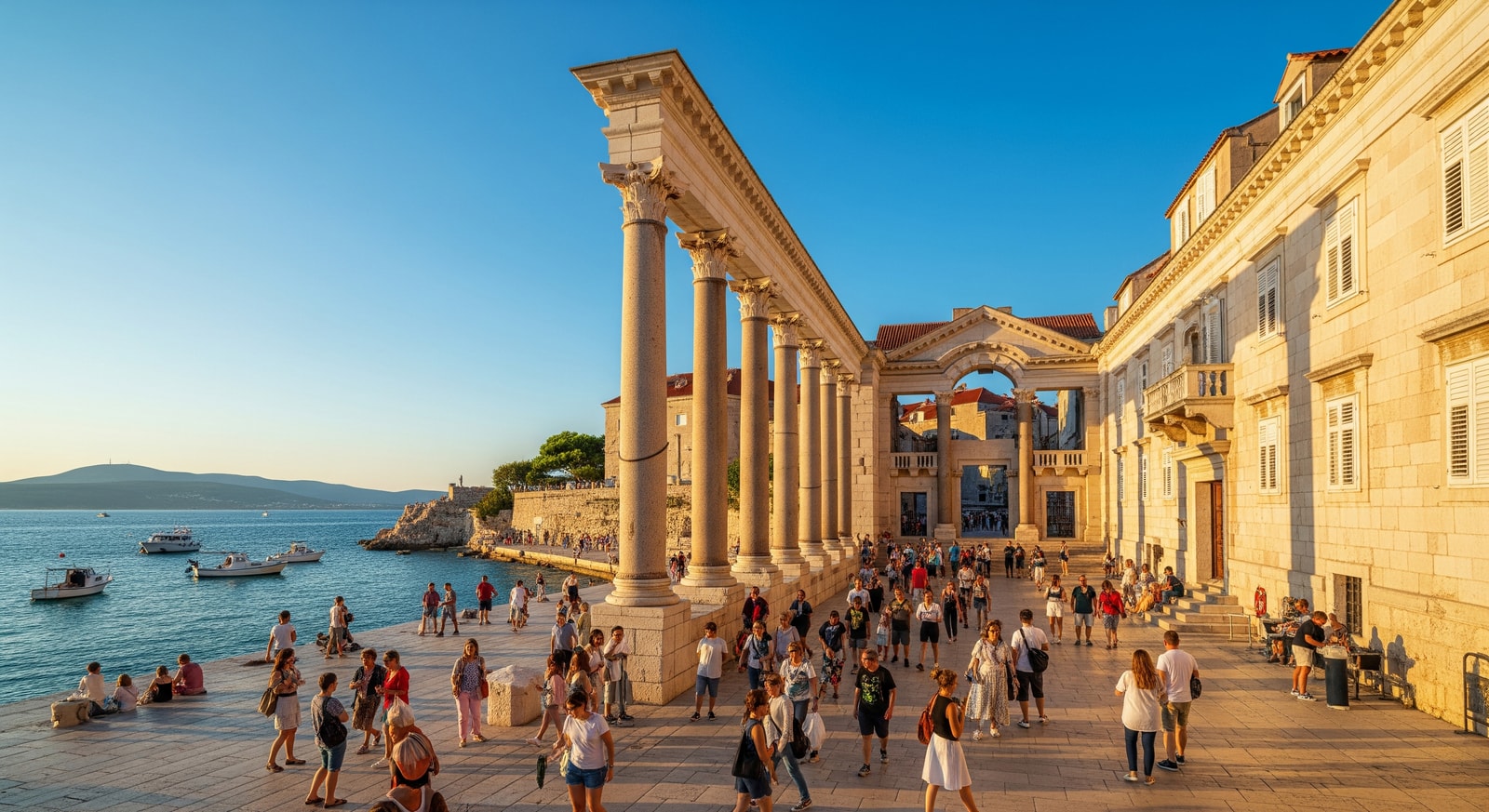 Diocletian's Palace in Split with ancient Roman columns and bustling waterfront promenade