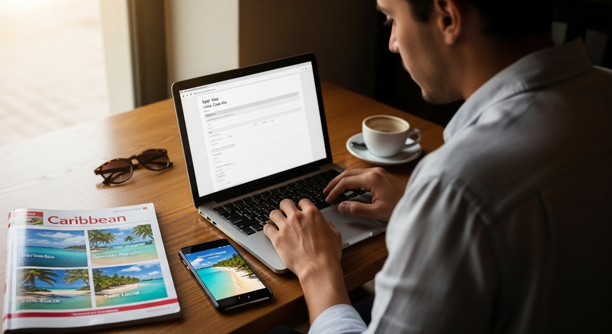 Traveler using laptop to apply for Cuba visa while researching Caribbean destinations
