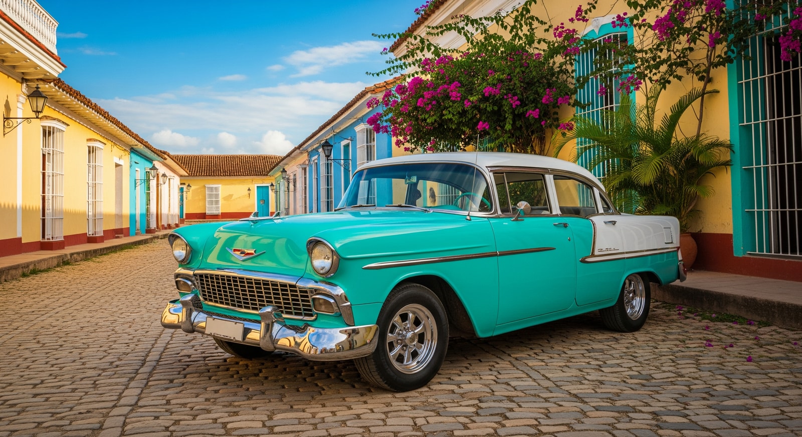 Colorful vintage American car parked on cobblestone street in Trinidad Cuba