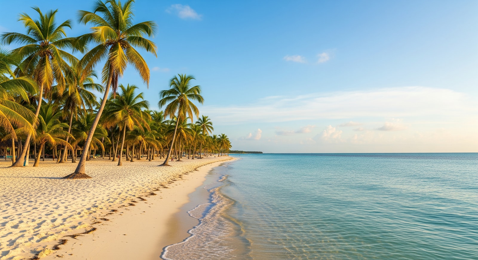 White sandy beach with turquoise Caribbean waters and palm trees in Varadero Cuba