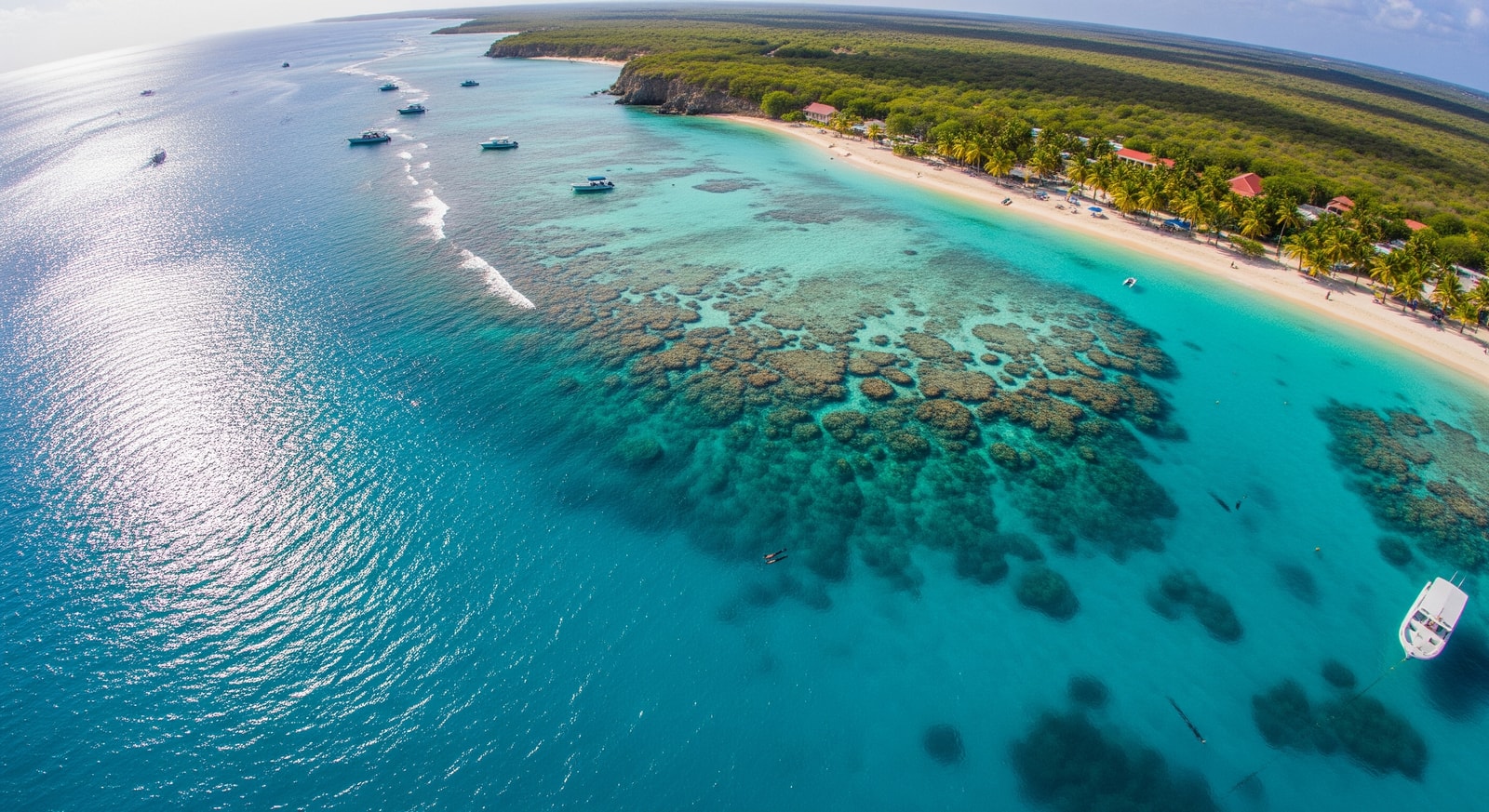Crystal clear turquoise waters at Playa Kenepa beach with coral reef formations ideal for snorkeling and diving