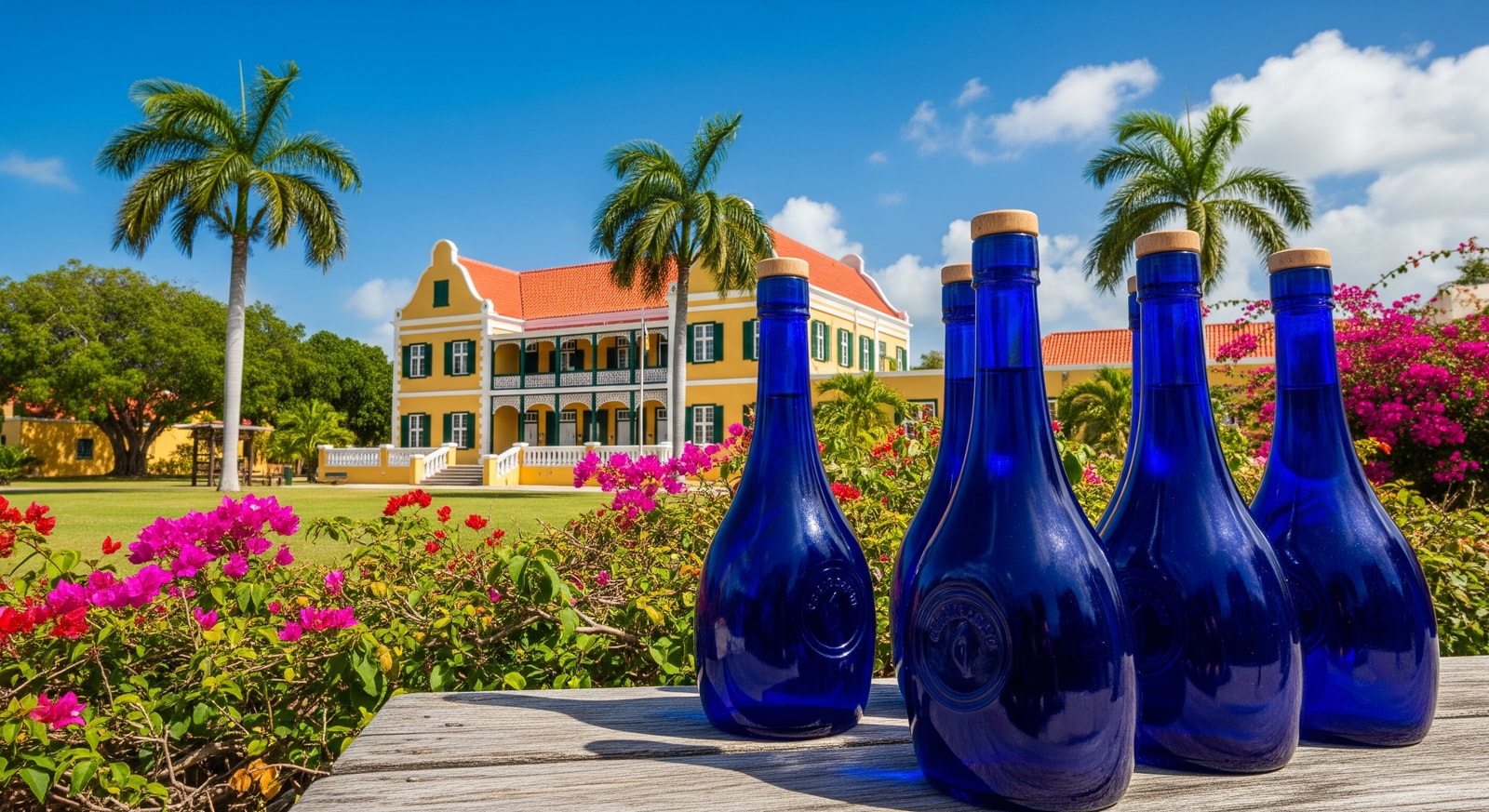Traditional blue Curaçao liqueur bottles at historic Landhuis Chobolobo distillery