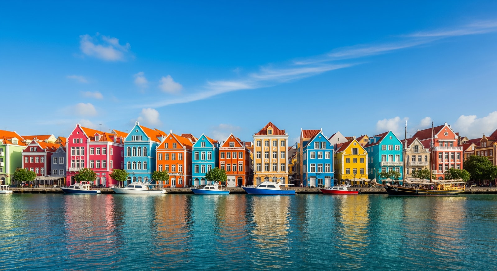 UNESCO World Heritage Handelskade waterfront with iconic pastel-colored Dutch colonial buildings in Willemstad