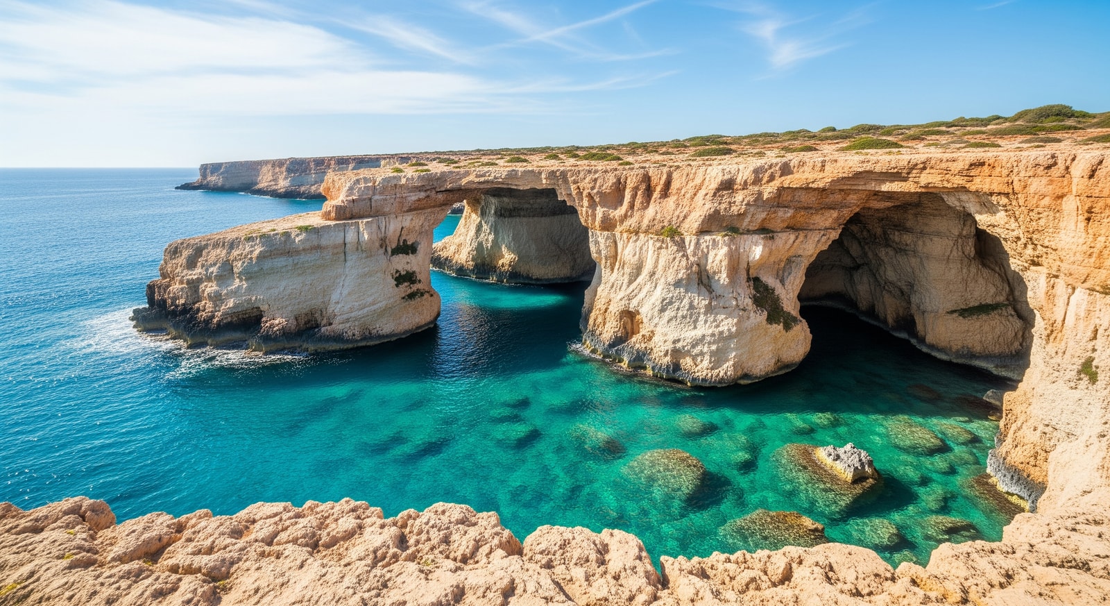 Crystal clear turquoise waters and sea caves at Cape Greco near Ayia Napa Cyprus